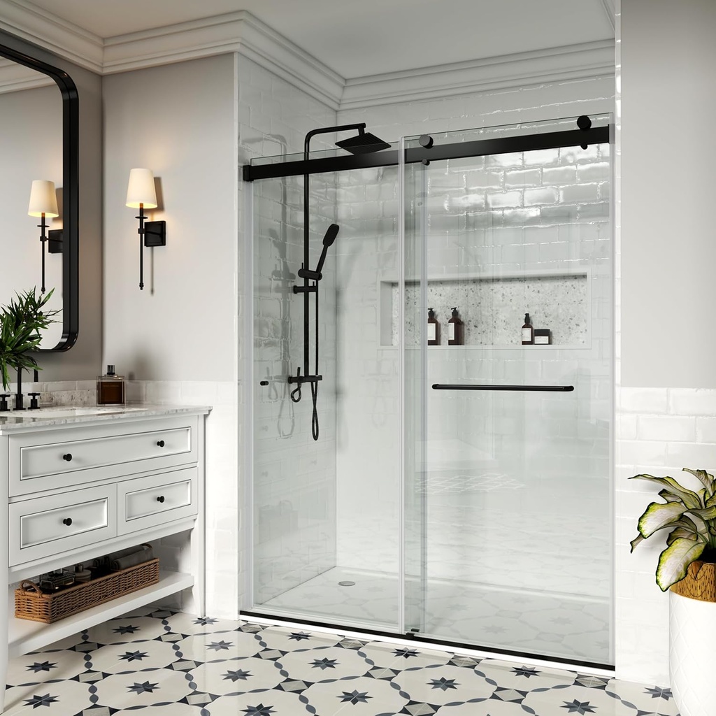 Shower Doors Double Sliding 56-60" W x 72" H Width Adjustable 5/16"(8mm) Easy Clean Tempered Glass Door Frameless Stainless Steel Hardware (Matte Black)