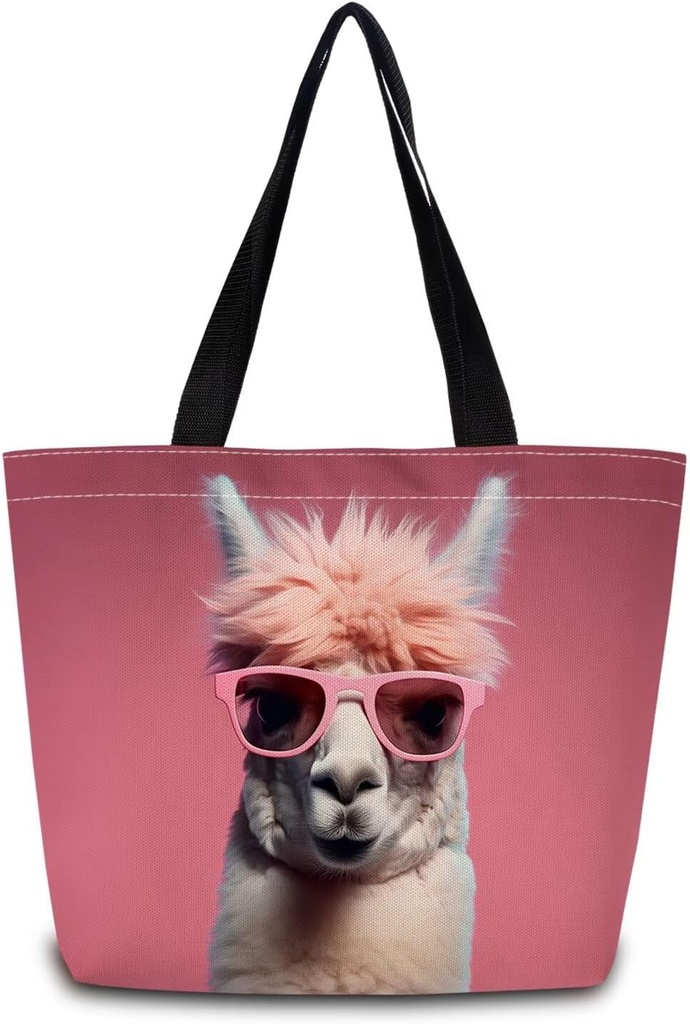 Funny Lama Tote Bag Reusable Grocery Bags Aesthetic Shopping Shoulder Handbag with Interior Zipper Pocket Stylish Funny Alpaca Present for Lama Lovers Women
