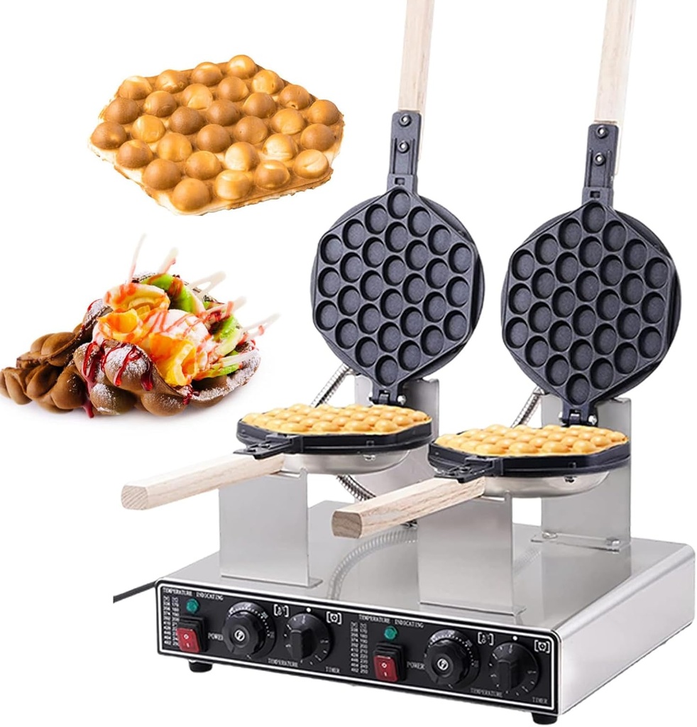1400 W Commercial Egg Waffle Iron Machine, Wooden Handle, Stainless Steel Body, Supports Temperature Control/Timing, for Snack Shop/Cafe/Commercial Street,DoubleHead