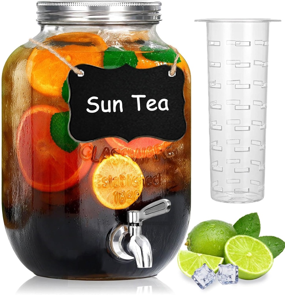 1 Gallon Glass Drink Dispensers for Parties, Large Beverage and Water Dispenser, Lemonade Dispenser, Sun Tea Glass Jar for Outside, With a Fruit Infuser, One Stainless Steel Spigot Included