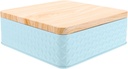 Sky-Blue Square Cookie Tin Box with Wooden Lid for Snacks, Baked Goods, and Gift Giving - 6.69 X 6.69 X 2.36 Inch Tinplate Storage Container for Home Organization and Special Occasions