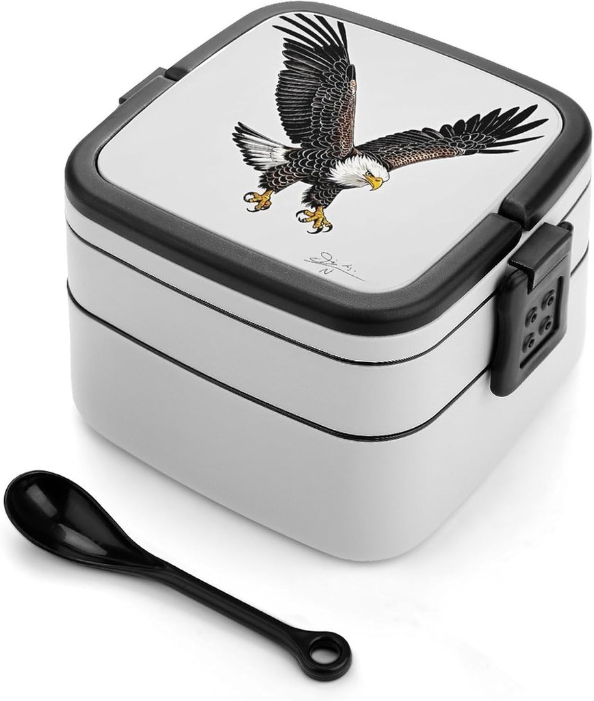 Sketch of Bald Eagle Diving Bento Box Leak-Proof Double Layered Lunch Containers with Spoons And Invisible Handle, Portable Lunch Boxes for Work Picnic Travel