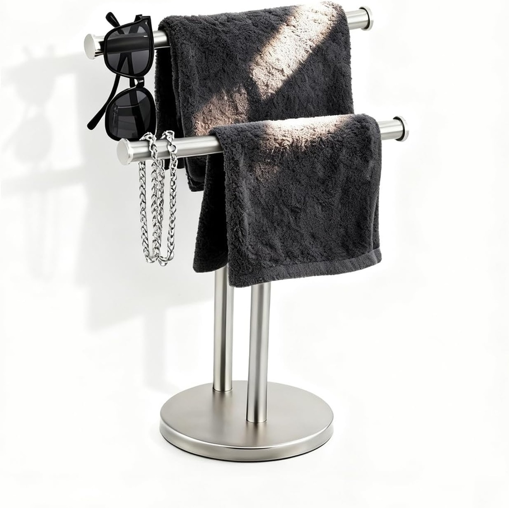 Hand Towel Holder, NEWRAIN Double Countertop Hand Towel Holder Stand, Stainless Steel Free Standing Hand Towel Rack with Heavy Base, for Bathroom Kitchen & Counter top, Brushed Nickel