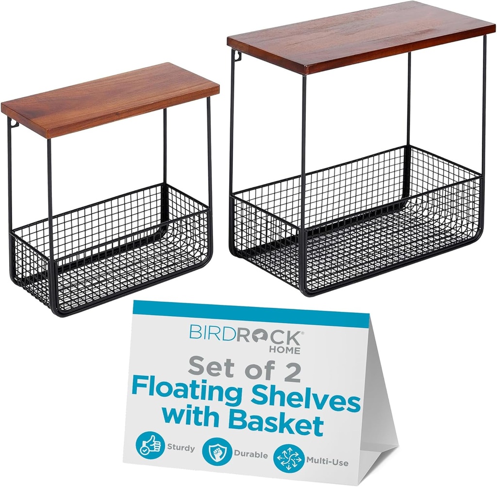 BIRDROCK HOME 2pc Floating Shelves with Basket - Wood Metal Wall Storage Shelf - Decorative Hanging Baskets for Bathroom, Bedroom, Living Room - Rustic Farmhouse - Small & Large - Black/Brown