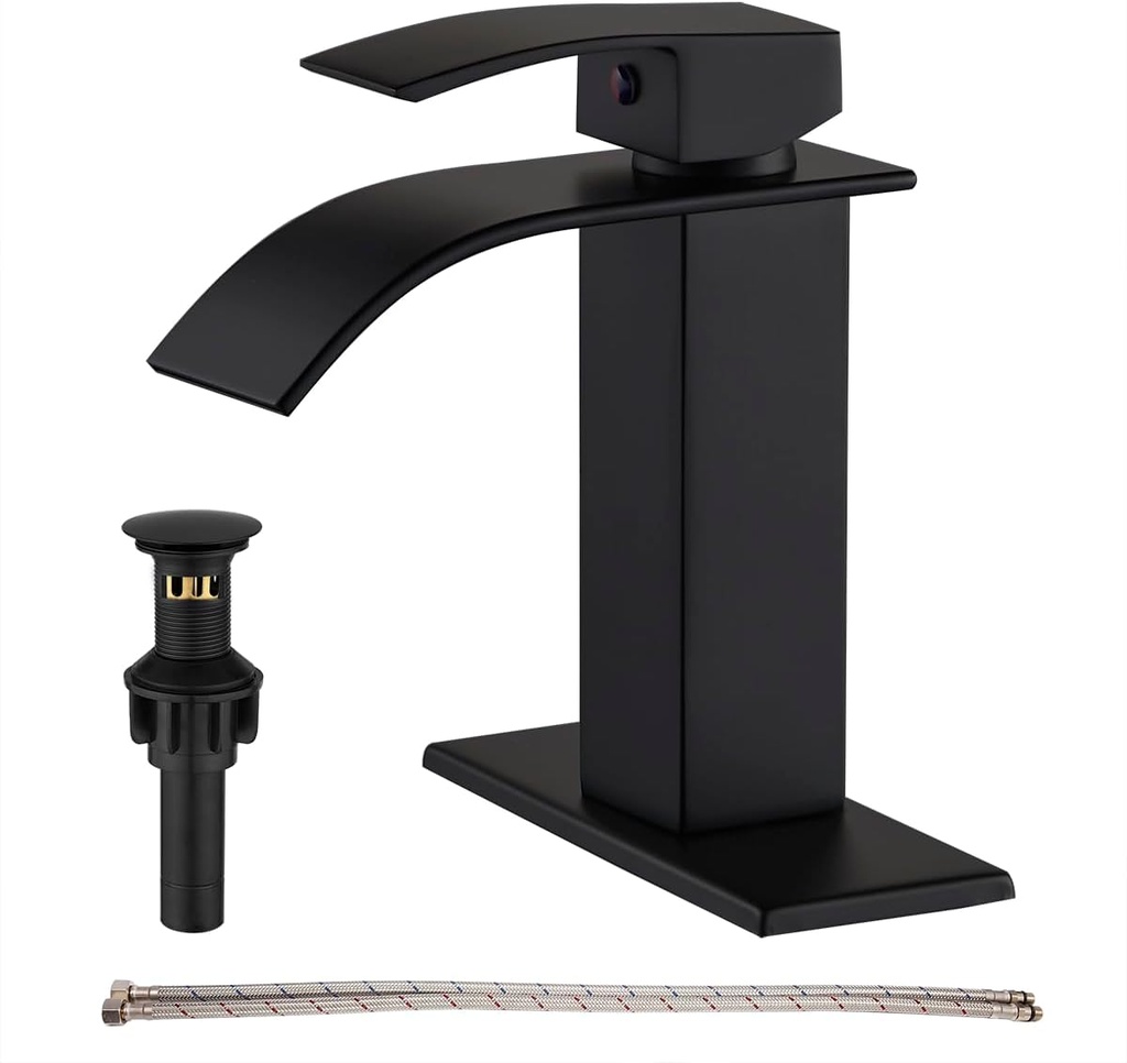 Black Bathroom Faucet Waterfall Single Handle Bathroom Sink Faucet with Pop-up Drain, Bathroom Faucet One Hole or 3 Hole with Deck Plate