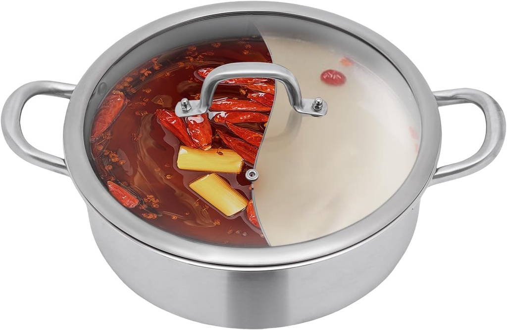 Stainless Steel Hot Pot with Divider, Hot Pot with Spoon Aad Leaky Spoon, with Glass Lid for Hotels, Restaurants, Homes