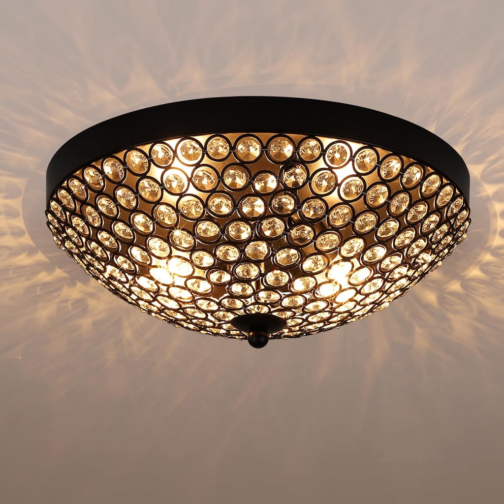 Modern Black Flush Mount Crystal Ceiling Light,2-Light Crystal Chandelier Ceiling Lighting for Bedroom Living Room Closet Kitchen,Hallway Light Fixtures with Sparkling Crystal Metal Shade