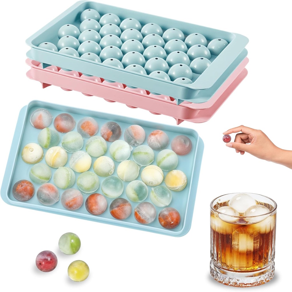 2 Pack Round Ice Cube Trays - 0.8" 66PCS Tiny Sphere Ice Ball Maker Molds, BPA-Free Plastic Stackable Circle Ice Cube Tray for Freezer with Lid, Mini Sphere Ice Mold for Cocktail/Whiskey/Coffee/Drinks