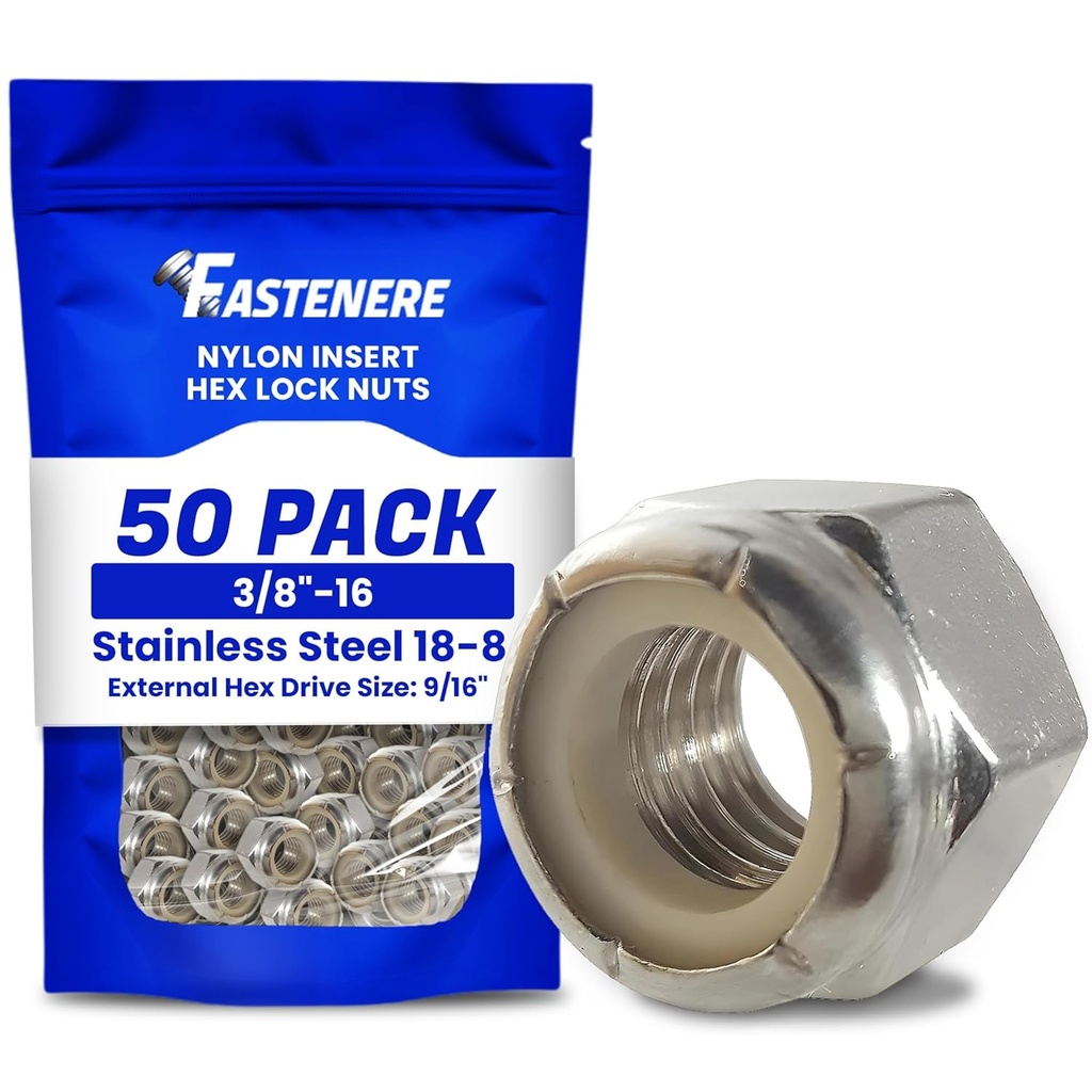 Fastenere Nylon Insert Hex Lock Nuts - 3/8"- 16 (50-Pack) Stainless Steel 18-8, Plain Finish, Corrosion-Resistant, Durable Multi-Use Hardware Nuts - Secure Fastening with Hex Socket Drive