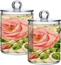 Acrylic Plastic Clear Jar with Lid, Beautiful Pink Rose Green Leaf Airtight Storage Jar 2 Pack Kitchen Storage Containers for Cookie Snack Candy