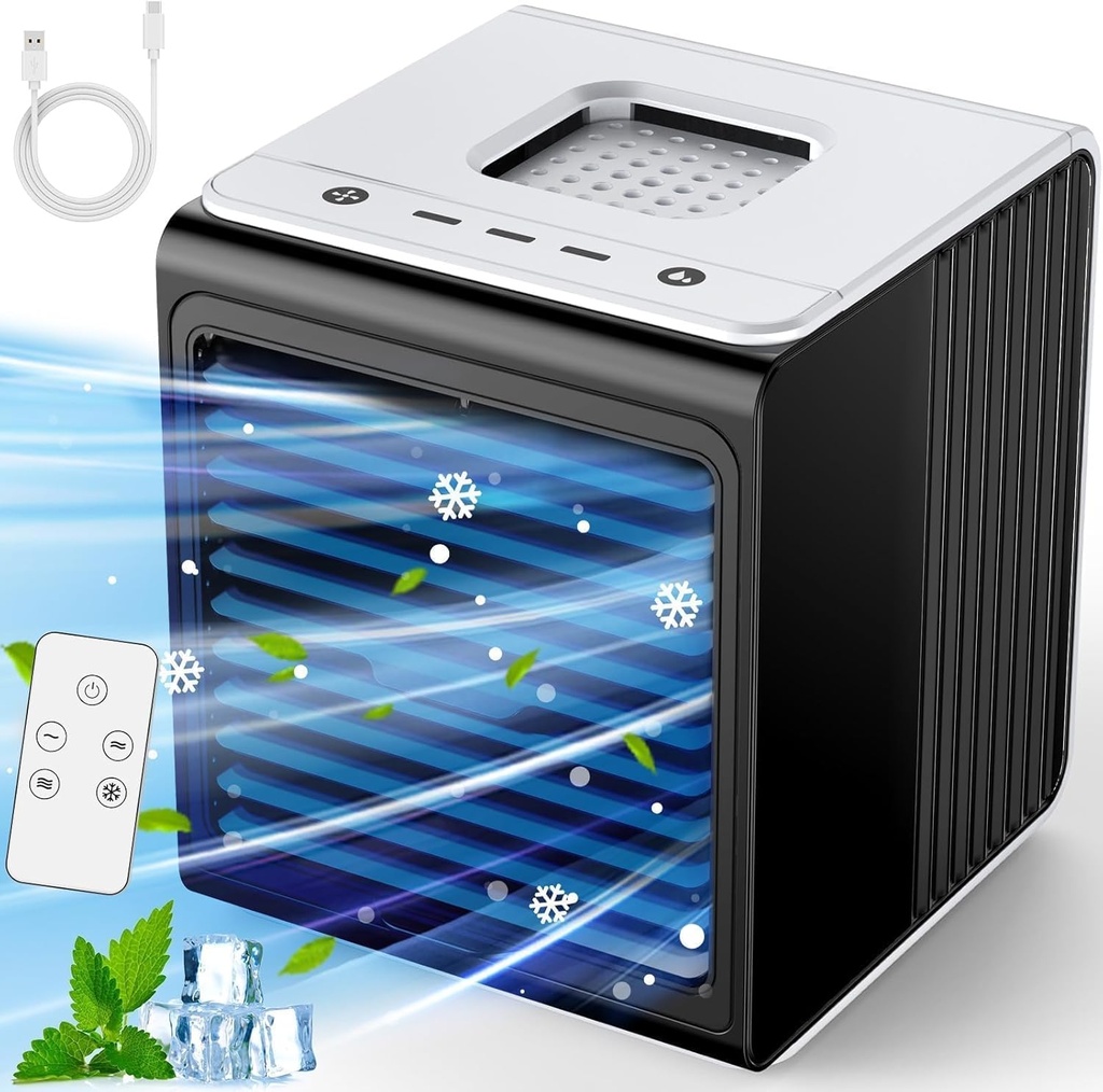 3-IN-1 Mini Air Conditioner with Remote, Top Splash-Proof Design, Powerful 3 Speeds & Cool Mist, Large Capacity Tank for 6H Cooling, USB Small Portable Air Conditioner for Desk Office Room