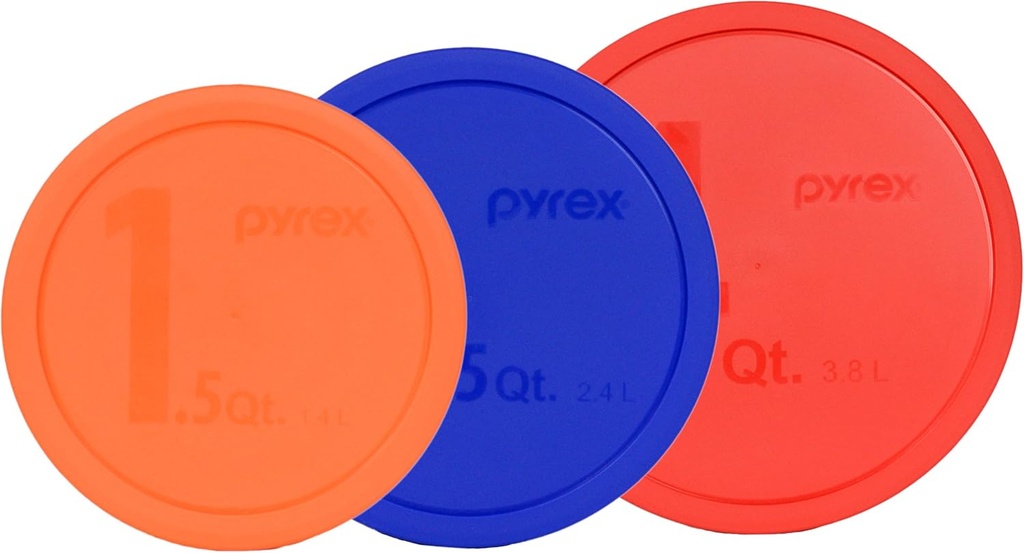 Pyrex (1) 326-PC 4qt Red, (1) 325-PC 2.5qt Blue, & (1) 323-PC 1.5qt Orange Plastic Storage Lid, Made in USA