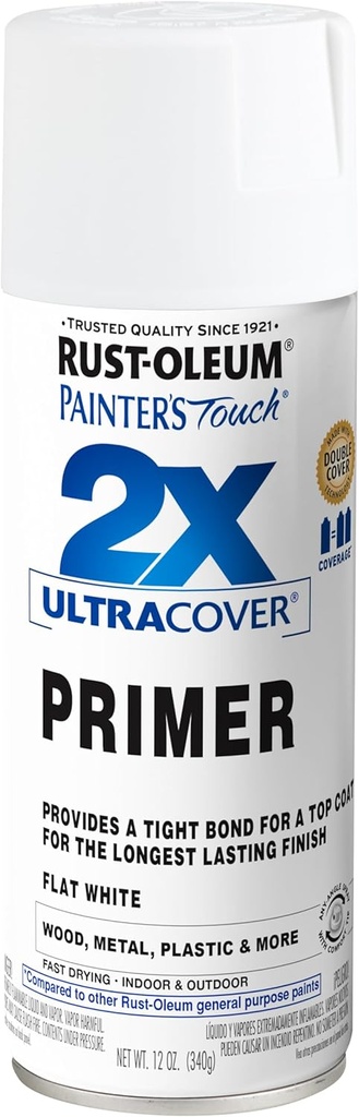 Rust-Oleum 334019 Painter's Touch 2X Ultra Cover Primer Spray, 12 oz, Flat White