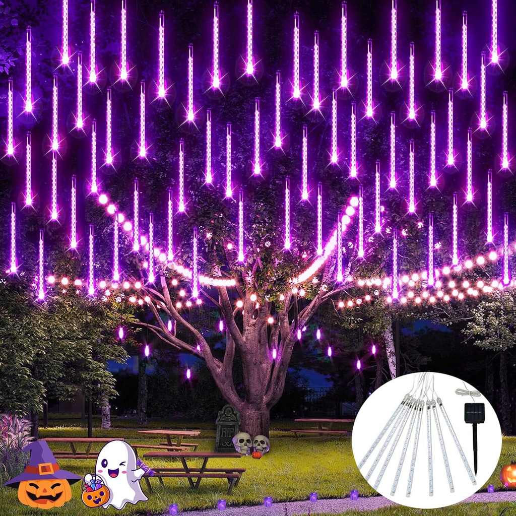 JMEXSUS Solar Halloween Lights Outdoor, 8 Tube 144 LEDs Solar Meteor Shower Lights, Purple Halloween Light for Tree Fence Eaves Patio Yard Holiday Party Decor