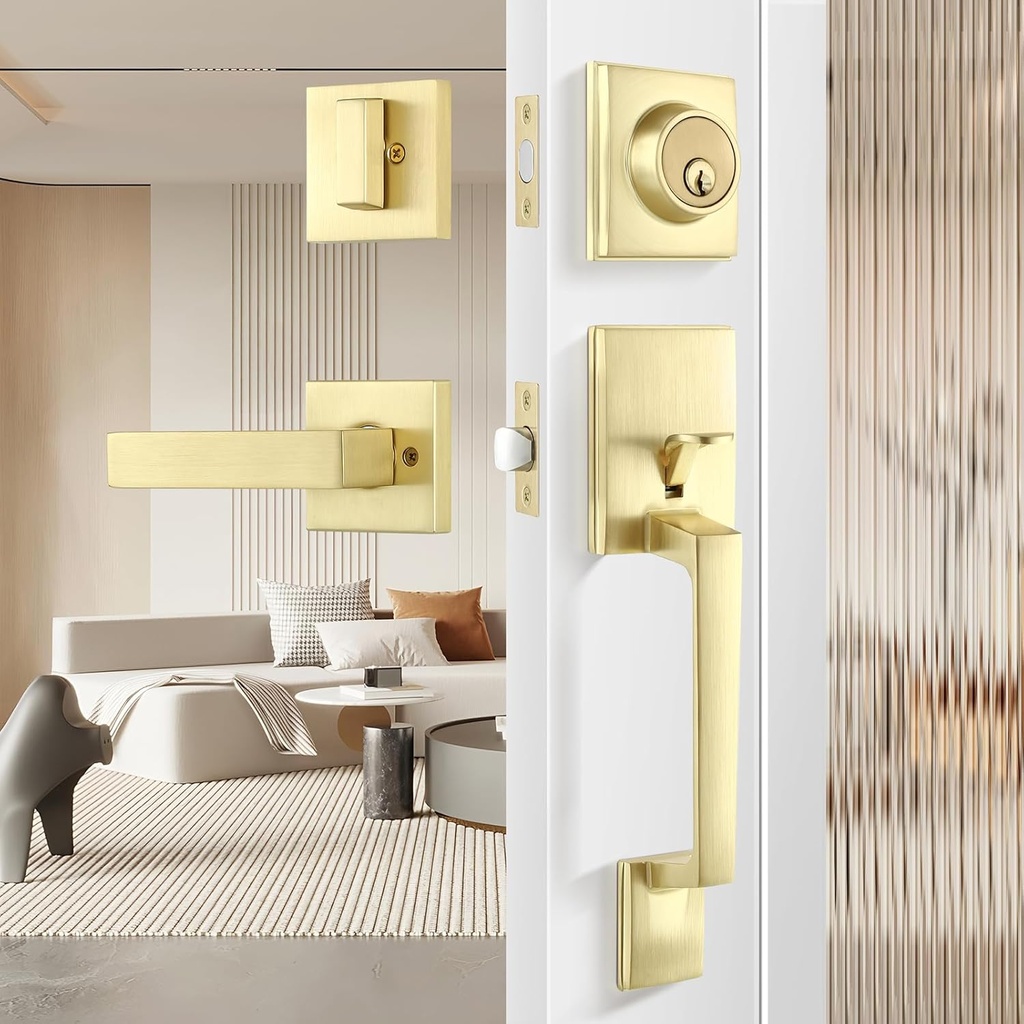 Leydebong Gold Entry Door Handle and Single Cylinder Deadbolt Lock and Key, Brushed Brass Front Door Lock - Heavy Duty Square Locking Lever Set - Exterior Door Handle