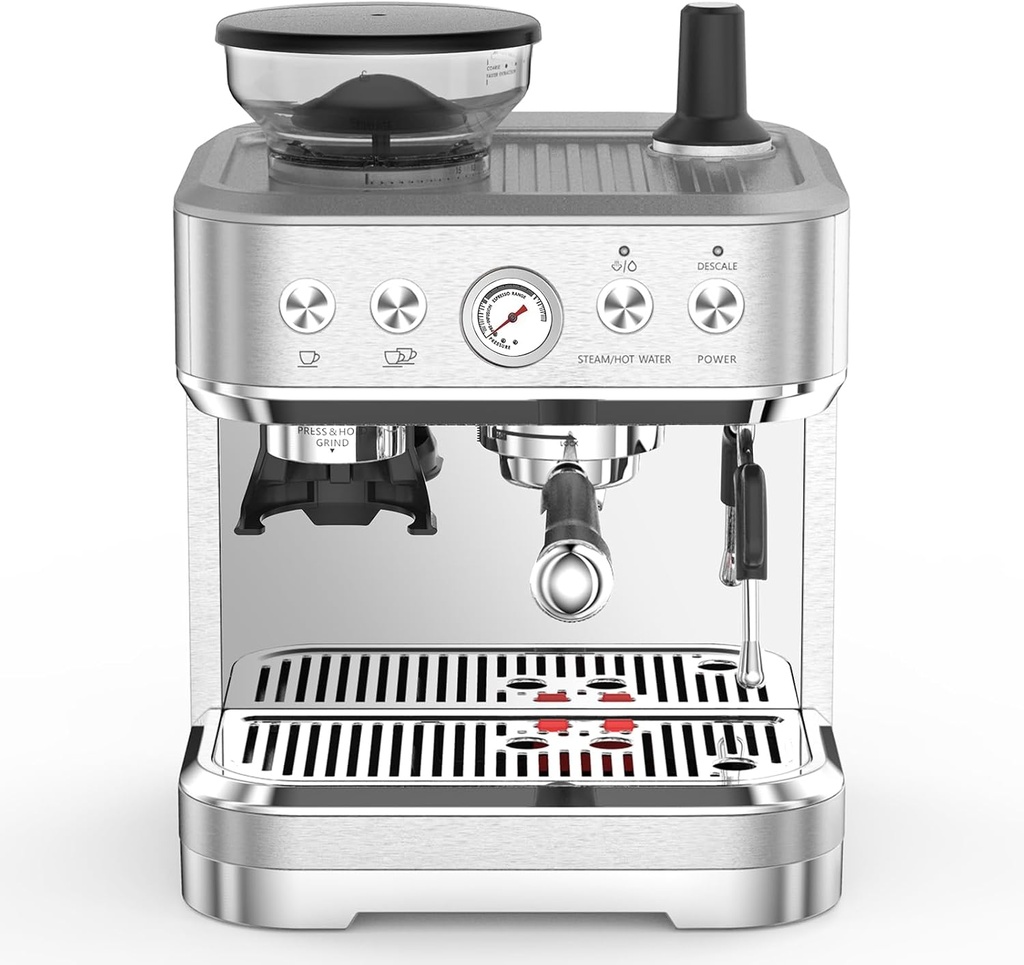 OMTech Espresso Machine - 15 Bar, Milk Frother, Grinder, Italian Pump, 2.5L Tank, Stainless Steel