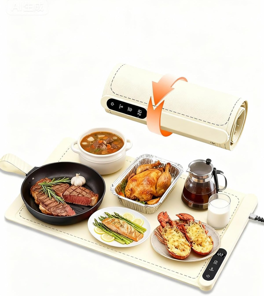 Food Warming Mat for Buffet,5s Full Surface Heating,Electric Warming Tray with 3m Power Cord,Roll Up Warming mat for Food,6 Level Adjustable TEM&6H Timer,Auto-Off (Beige, 23.6"×14.5"×0.47")