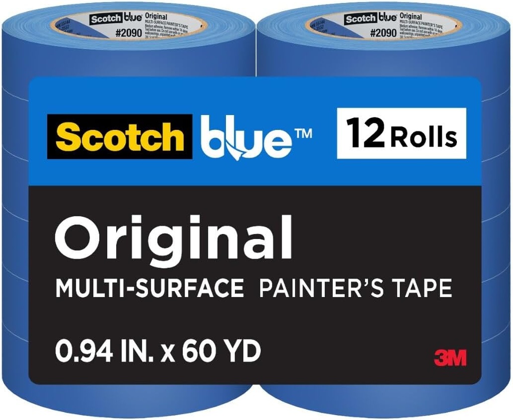 ScotchBlue Original Multi-Surface Painter's Tape, 0.94 Inches x 60 Yards, 12 Rolls, Blue, Paint Tape Protects Surfaces and Removes Easily, Multi-Surface Painting Tape for Indoor and Outdoor Use
