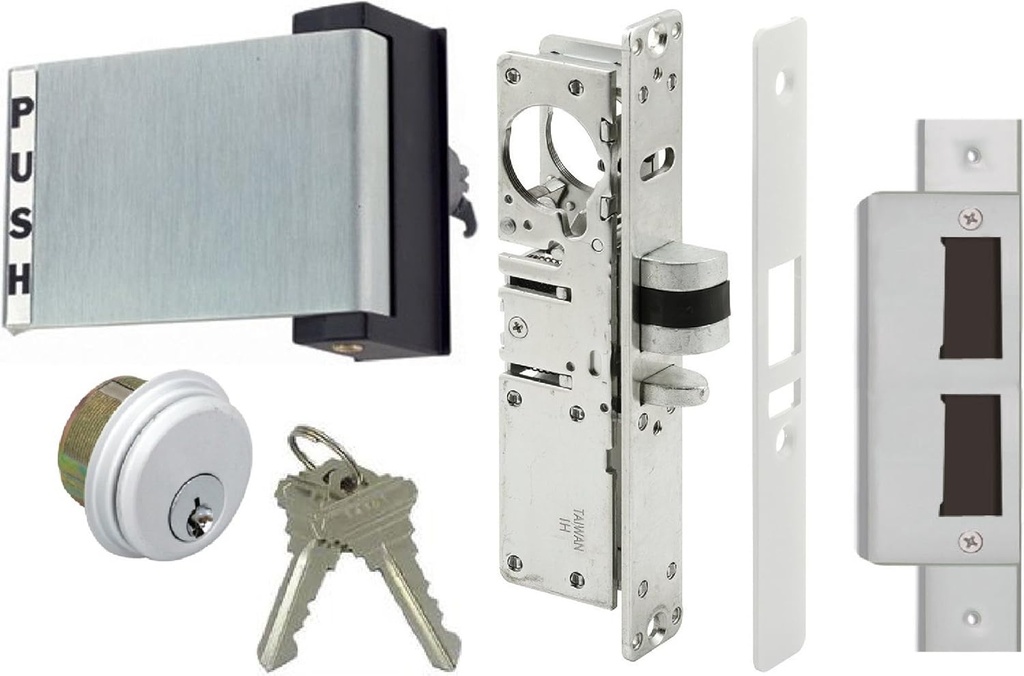 Adams Rite Style Deadlatch Storefront Door Set - Push Paddle Exit, Deadlatch Bolt, with Mortise Lock Cylinder & Two Keys, Durable, Polished Finish, Aluminum Silver, Right Hand, 1-1/8" Backset