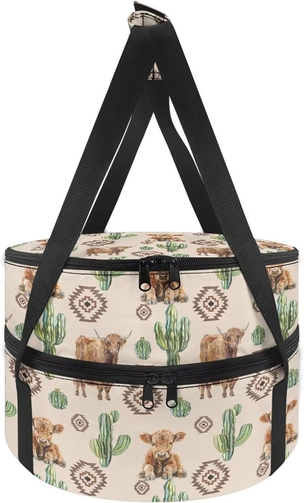 ZDCUSTOM Round Casserole Carrier with Lid and Handle Insulated Double Decker Casserole Carriers for Hot or Cold Food Cake Pie Container Lunch Bag Cactus Highland Cow