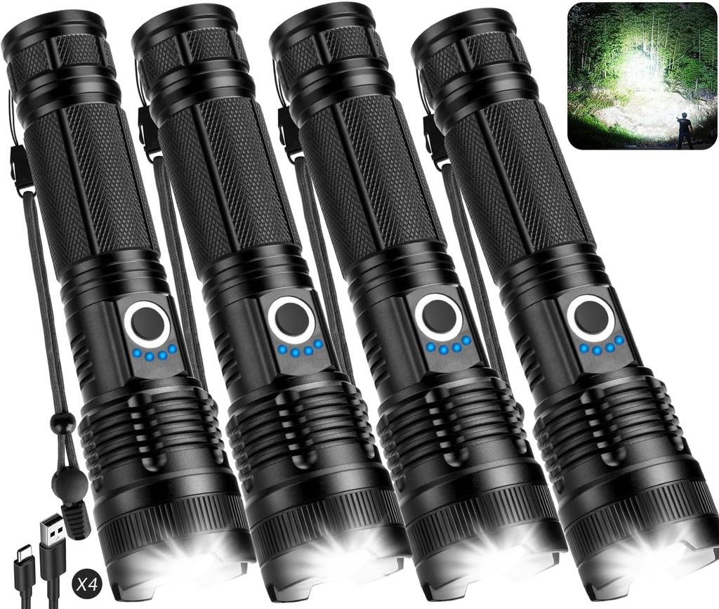 Flashlights Rechargeable LED High Lumens - 4 Pack 90,000LM Super Bright Flashlight, Adjustable Powerful Flash Light with 5 Modes, Waterproof Handheld Flashlight for Home, Camping