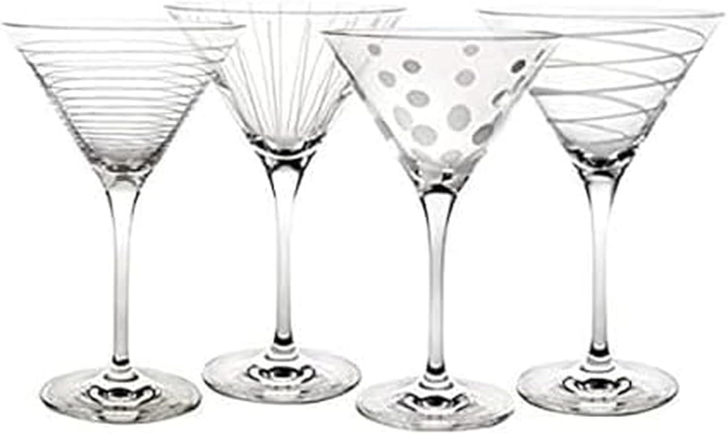 Mikasa Cheers 10-Ounce Martini Glasses, Fun Etched Designs, Durable Clear Glass Cocktail Glassware, Set of 4, Perfect for Entertaining and Gifting
