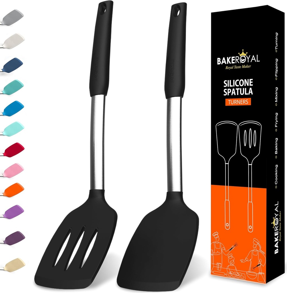 Silicone Spatula Set - Turner Spatulas Silicone Heat Resistant 600°F - Slotted & Solid Spatula for Cooking Fish, Eggs, Pancakes Flipper – Spatulas for kitchen use – Black