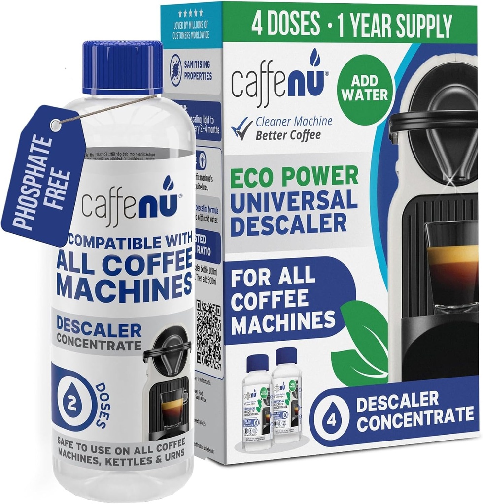 Universal Coffee Machine Descaling Solution. Coffee Machine Descaler Liquid 4 Uses. Descaler Kit. Part of your Barista Accessories Set. Compatible with Nespresso, Phillips, Lavazza, Verismo and More!