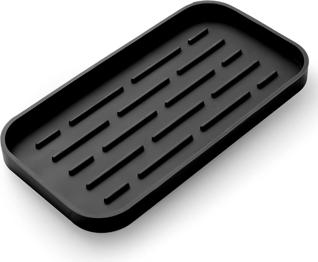 Silicone Kitchen Sink Organizer Tray for Multiple Usage,Eco-Friendly Sponges Holder for Kitchen Bathroom Counter or Sink,Dish Soap Dispenser,Scrubber,Bottle,Cup (Black, 10"×5.3")