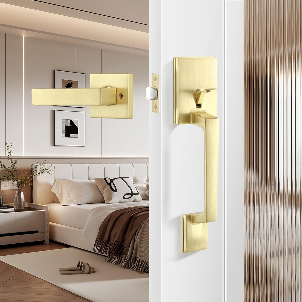 Leydebong Brushed Brass No Lock Front Door Handle Set with Reversible Lever - Exterior Door Handle Set for Right or Left Handed Doors, Front Door Handle