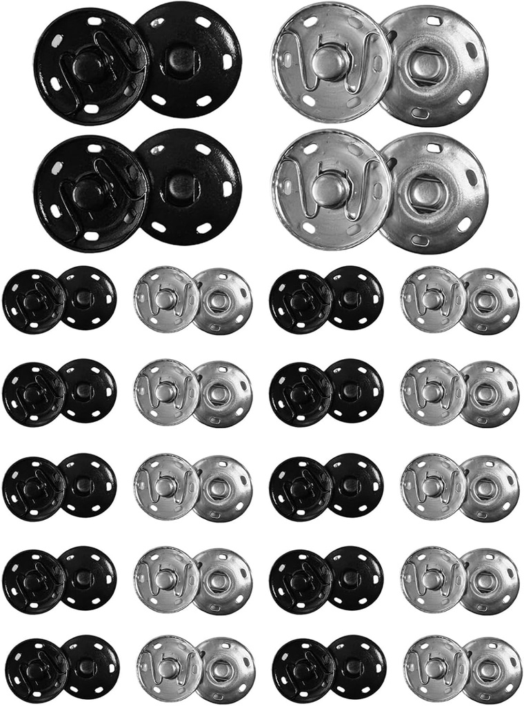 24 Sets Heavy Duty Snaps for Sewing – Large 25mm Metal Snap Buttons (0.98 Inch) – Sew-On Press Stud Fasteners in Black & Silver – Durable Snap Fasteners for Clothing, Denim & DIY Projects