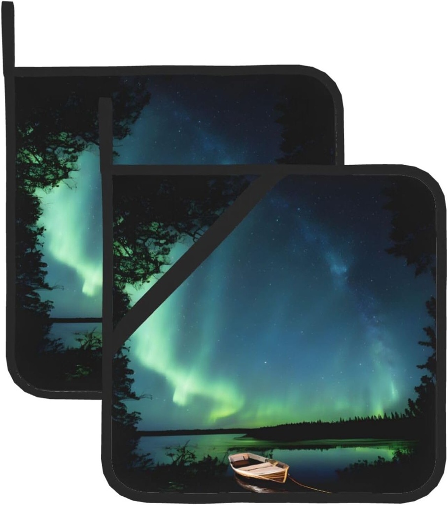 Square Heat Resistant Hot Pads Set Of 2, Thick 8x8 Inch Kitchen Trivets, Celestial Night Pot Holders Sets, Non-Slip Pot Holders For Countertops, Oven, Bbq, Microwave With Hanging Loop & Storage Pocket