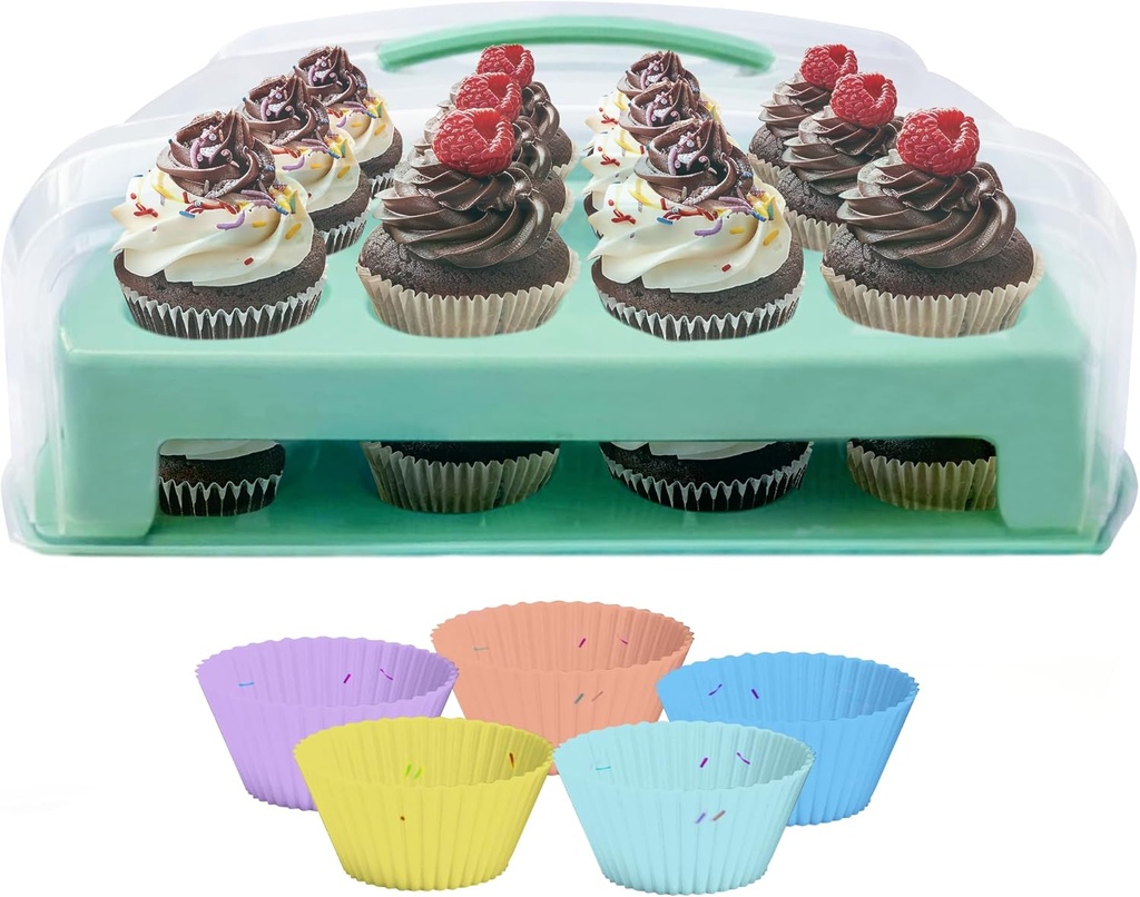 Cupcake Containers Unit Plus 5 Reusable Silicone Baking Cups Included,Material Sturdy Plastic, Cup Cake Holders With Lid, Color Grenn Cupcake Carrier 24 Count Standard-Size