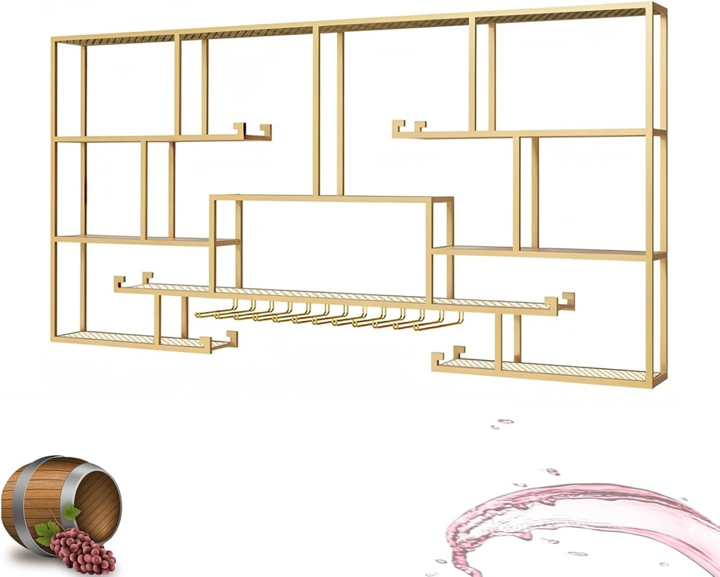 Iron Wall Mounted Wine Rack, Modern Wall Bar Shelf With LED Light, Liquor Shelf With Wine Glass Holder, For Kitchen Wine Cellar Dining Room(Gold,140 * 120 * 25cm)