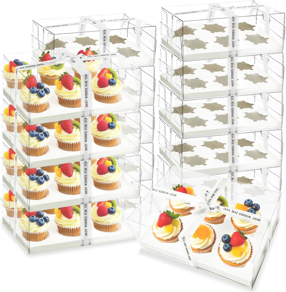 15 Pack Clear Cupcake Boxes, 6 Compartment Cupcake Container Set, Stackable Plastic Dessert Box with Gift Ribbon for Muffins, Macarons, Cookies, Dessert, Party(10.5 x 7.08 x 4 Inches)