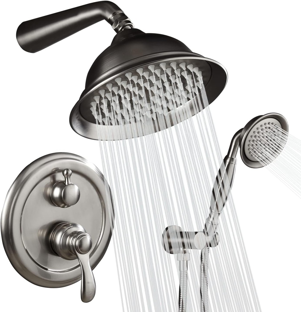 Shower System, Shower Faucet Sets Complete with Wall Mounted Shower Fixtures Rough-In Valve Body and Trim Kit (Brushed Nickel)