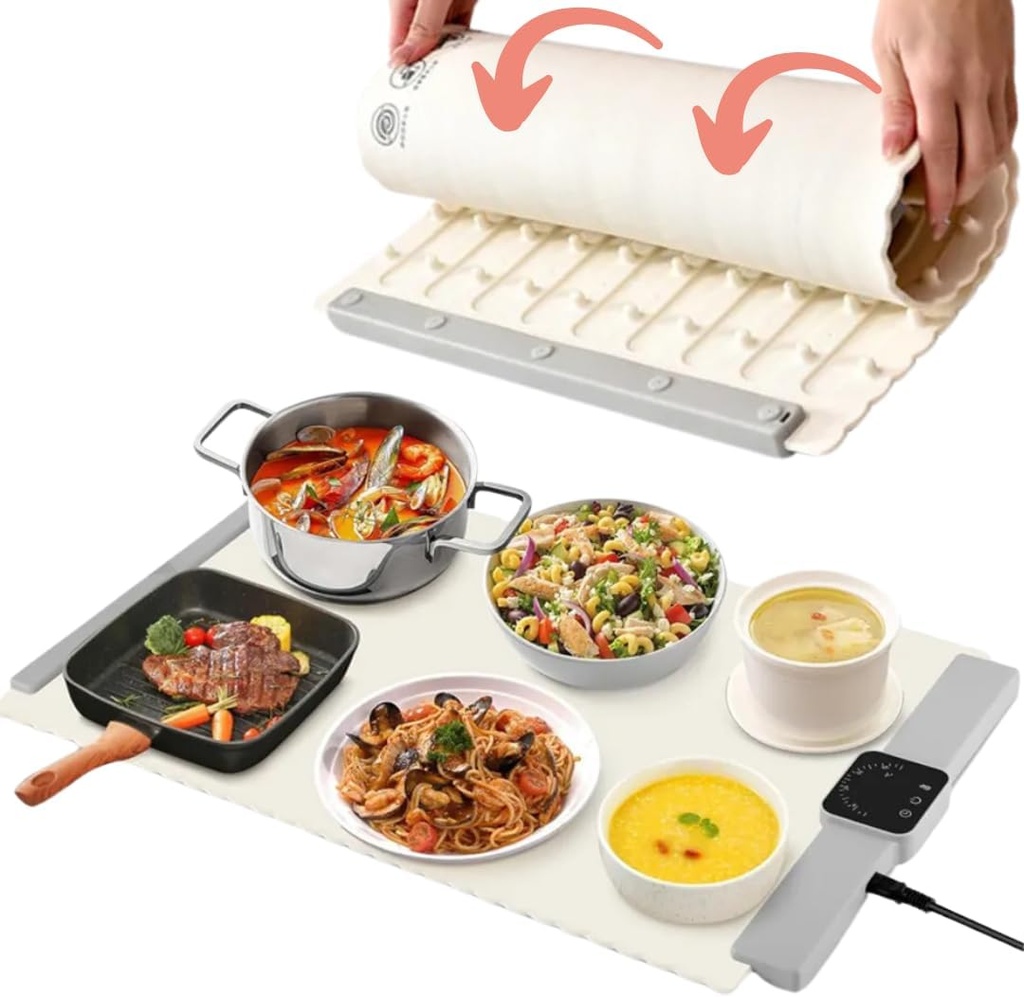 Electric Warming Tray – Full Surface Heating, Foldable & Portable Nano-Silicone Mat with 5 Temperature Settings & Auto Shut-Off – Food Warmer for Buffet & Parties (White)