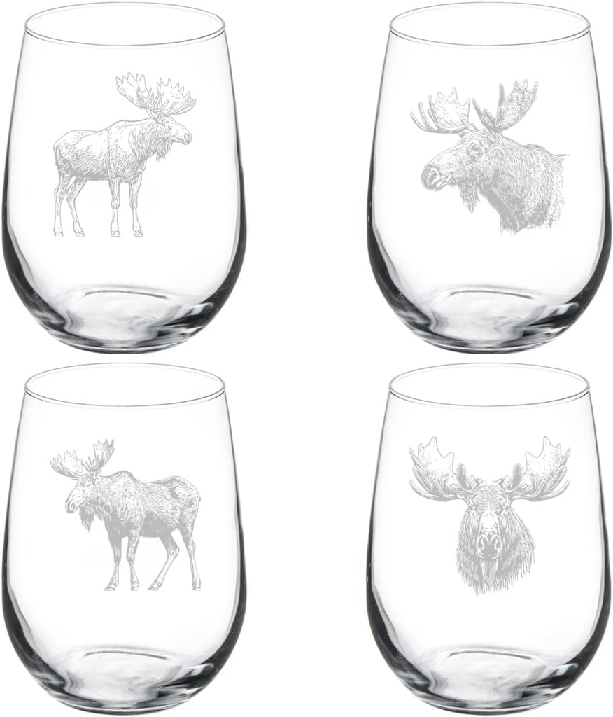 Set of 4 Wine Glass Gift Goblet Moose Collection (17 oz Stemless)