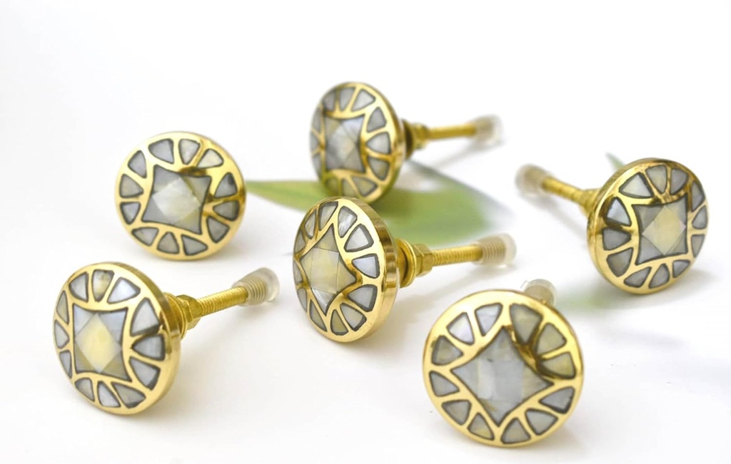 Mother of Pearl Dresser Knobs - Set of 6 Vintage Brass Cabinet Knobs Decorative Round 1.5-inch Diameter Gold Contemporary Kitchen Cupboard Hardware Elegant Furniture Drawer Pulls (Design 1)