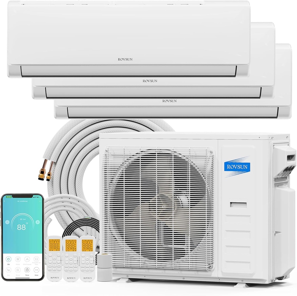 ROVSUN 35000 BTU Tri Zone WIFI Mini Split AC/Heating System, 19 SEER2 3 Zone 12000 + 18000 + 18000 BTU Ductless Split Air Conditioner with Pre-Charged Condenser, Heat Pump & 25Ft Line Set, 208-230V