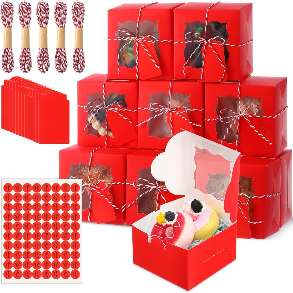 80 Pcs 4x4x2.5 Inches Cookie Boxes with Window Bakery Boxes Small Pastry Treat Mini Cake Dessert Baked Goods Packaging Gifts for Pastry, Cookies, Pie, Donut, Macaroon(Red)
