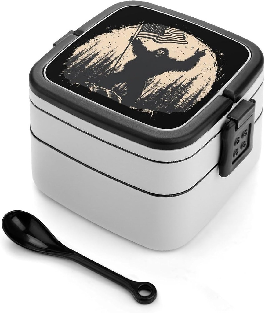 Bigfoot Holding U.S Flag Lunch Box with Handle Stackable 2 Layer Leak-Proof Bento Box Portable Food Containers for Unisex