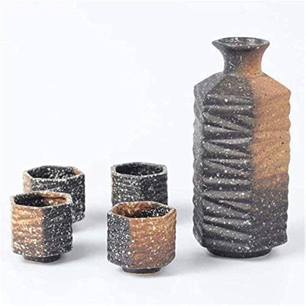 Sake Wine Set, Wine Glass,Sake Cup Set Wine Cups Sake Set, 5 Piece Sake Set, Japanese 14Oz Sake Cup Set, Brown Rhombus Stripes Ceramic Cups, Quaint Texture, for Cold/Warm/Shochu/Tea