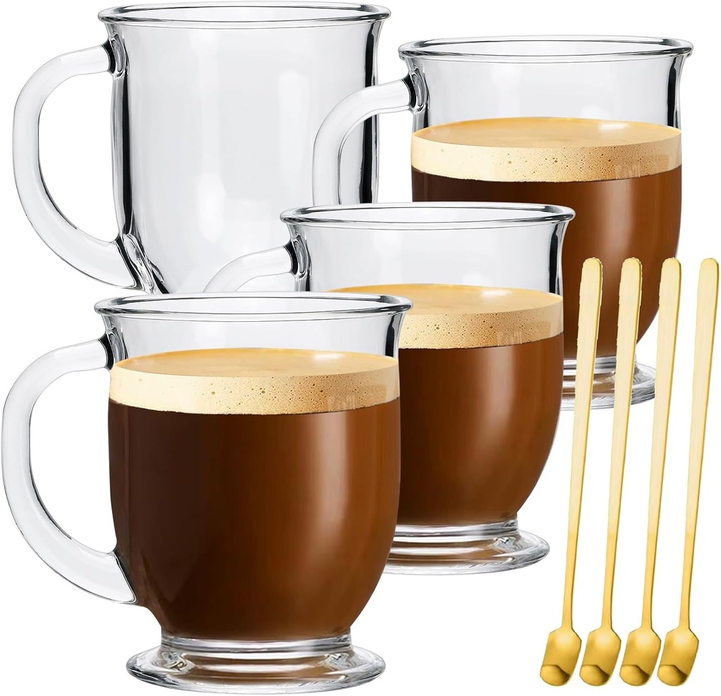 Glass Mugs, 4 Pack 15 Oz Clear Large Mugs With Handles for Hot and Cold Drinks, Perfect for Coffee, Latte, Cappuccinos, Tea and More