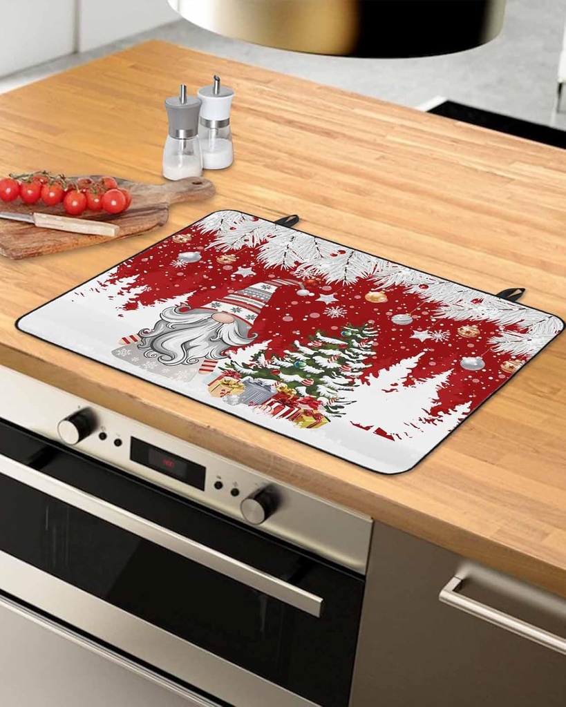 Christmas Countertop Burners Protection Mats for Kitchen, Gnome Christmas Tree Snowflake Gift Red Rubber Stove Top Cover Mat, Heat Proof Mats Cooktop Cover for Counter Dish Drying Mat, 24"x21"