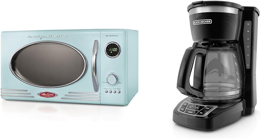 Nostalgia Retro Countertop Microwave Oven - Large 800-Watt - 0.9 cu ft & BLACK+DECKER 12-Cup Digital Coffee Maker, CM1160B, Programmable, Washable Basket Filter