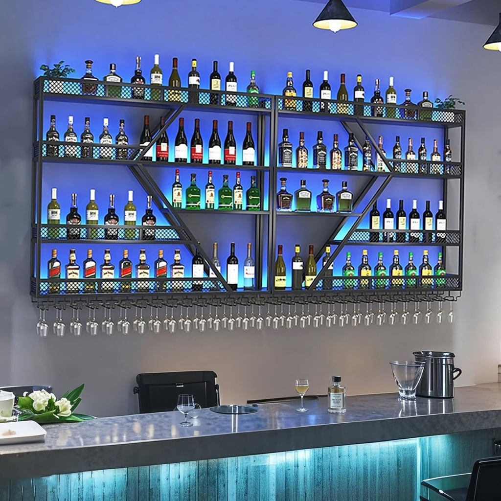 Modern Wine Rack Wall Mounted With LED Light With Glass Holder,Metal Floating Wall Shelves,Hanging Wine Shelf,Bar Liquor Shelf,Iron Wine Storage Racks For Kitchen Home Decor Wine Cellar(Black,2