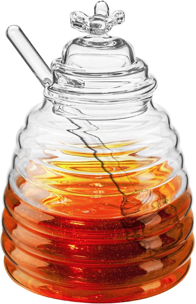 Hedume Honey Jar with Dipper and Lid, Honey Bee Pot, 17oz Glass Beehive Honey Pot for Home Kitchen