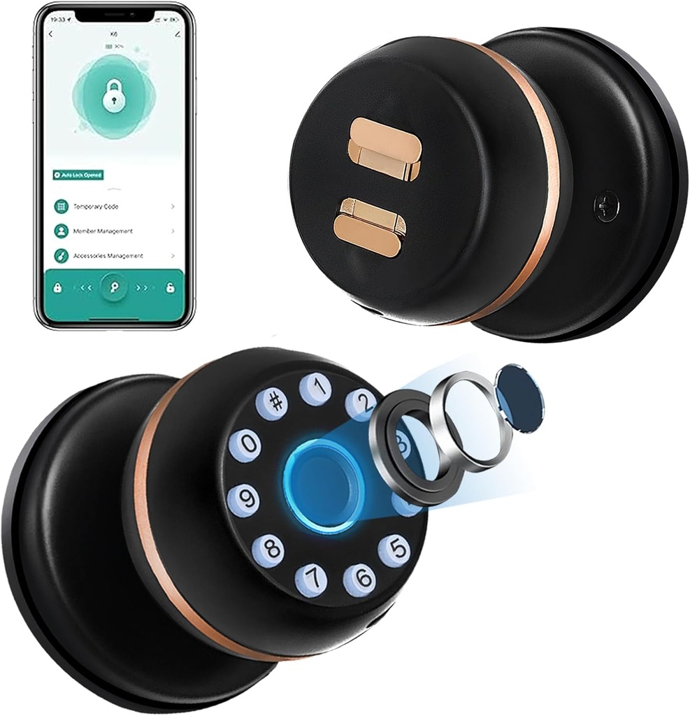 Fingerprint Door Lock, Smart Door Knob with Keypad, Finger Print Biometric Door knobs with App Control, Keyless Smart Door Lock for Bedrooms, Hotel, Office, Apartment, Real-Person Voice Prompts