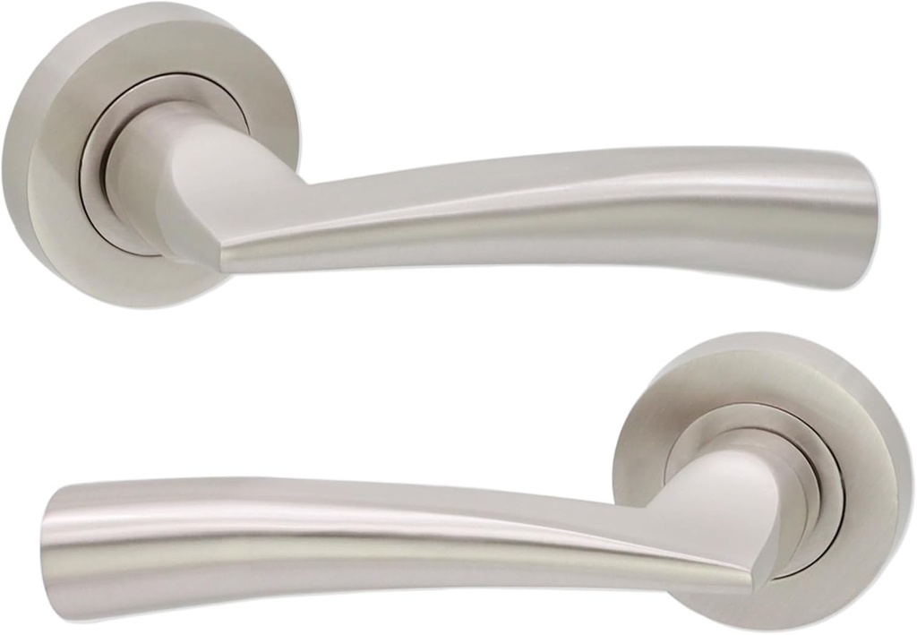 Infinity Decor Pair of Curved Lever on Rose Door Handles Set in Satin Nickel Finish for Internal & External Doors